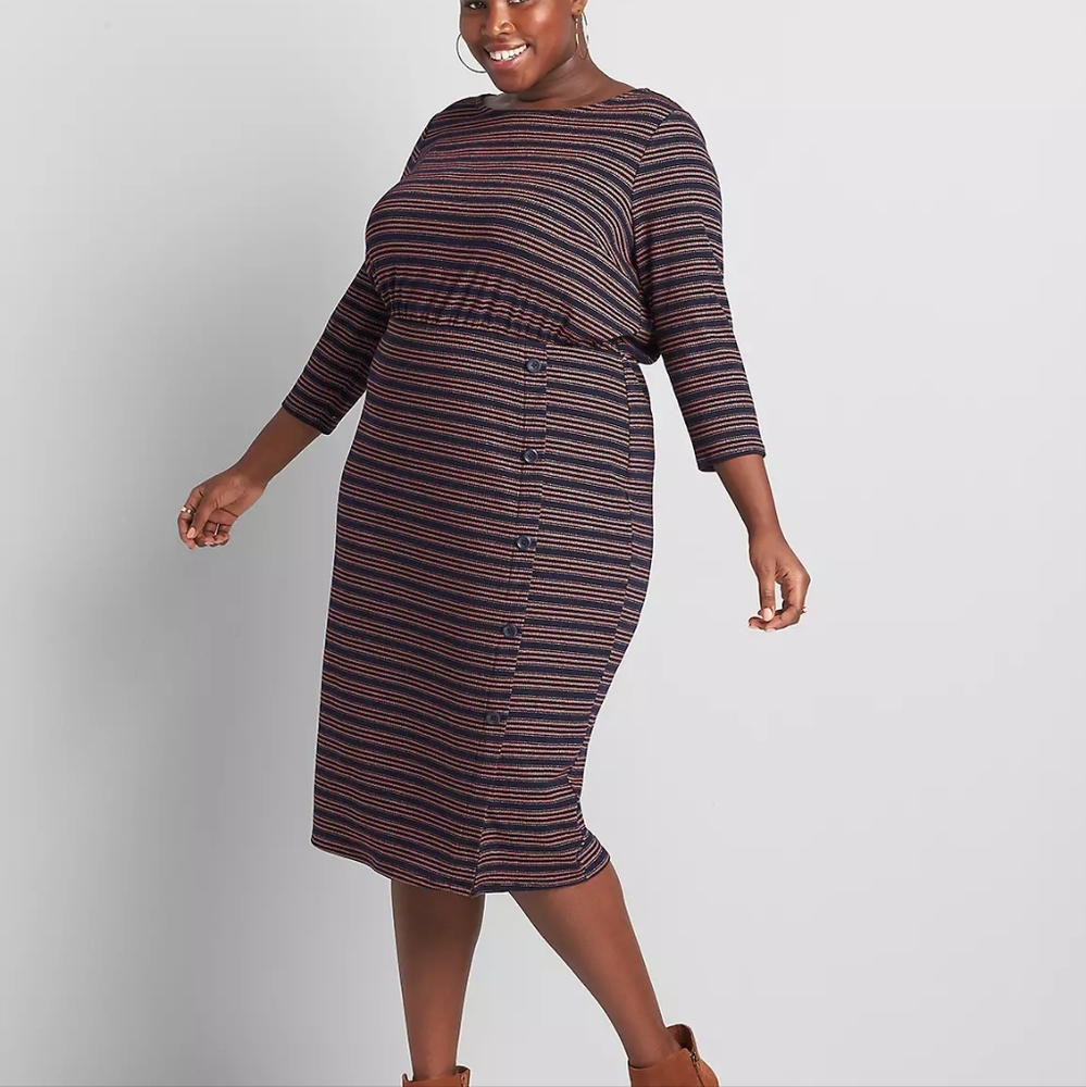 Lane Bryant Striped Boatneck Sheath Dress with Buttom‎ Detail
